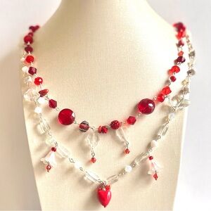 Red and Silver Multi-Strand Necklace with Crystal Accents